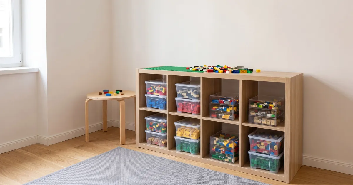 Symbolbild (KI-generiert): Würfelregal mit Klarsichtboxen und Acryl-Schubladen voller Klemmbausteine, teils nach Farbe sortiert, darauf eine Bauplatte mit losen Steinen